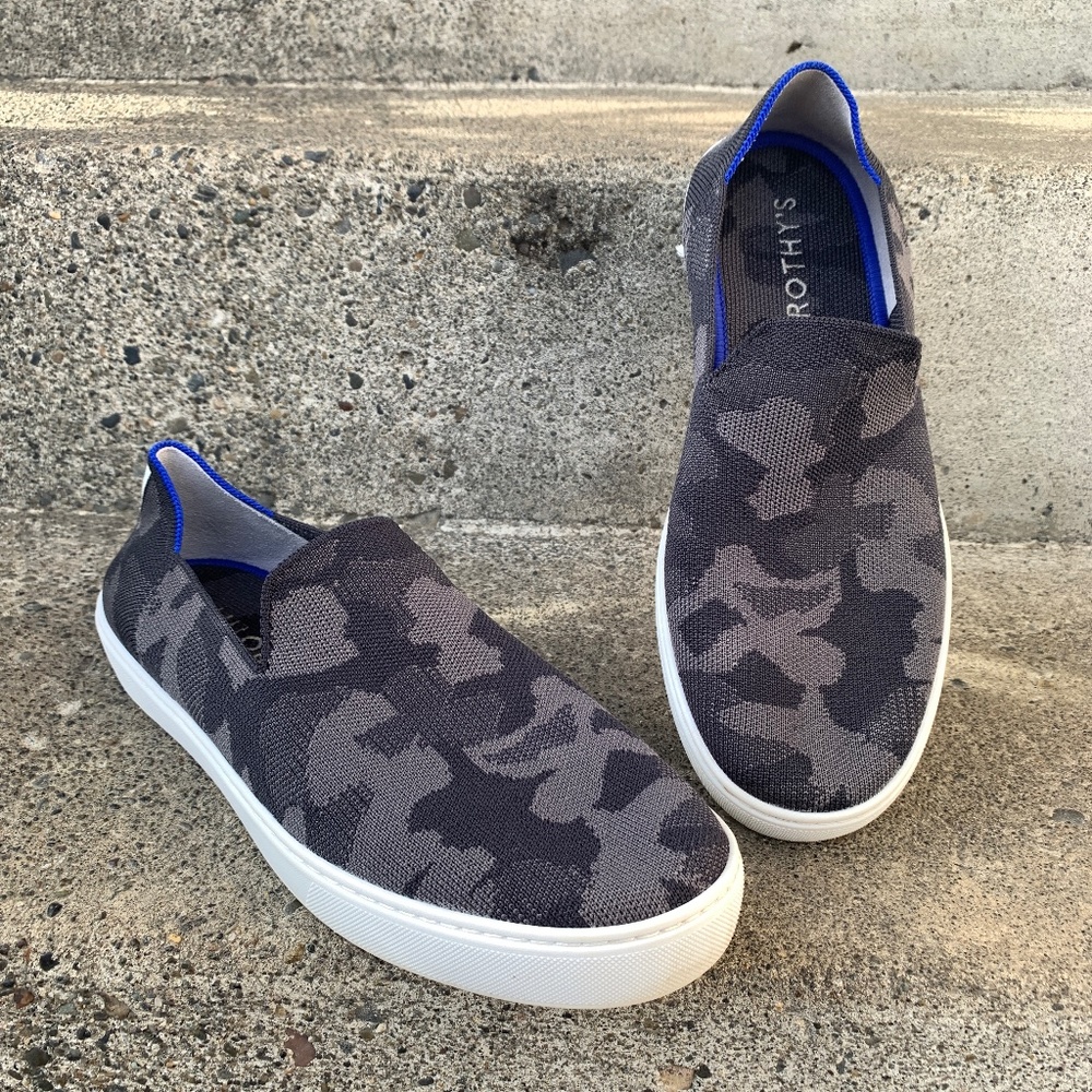 Rothy's Gray Camouflage Slip-On Sneakers with Blue Trim
